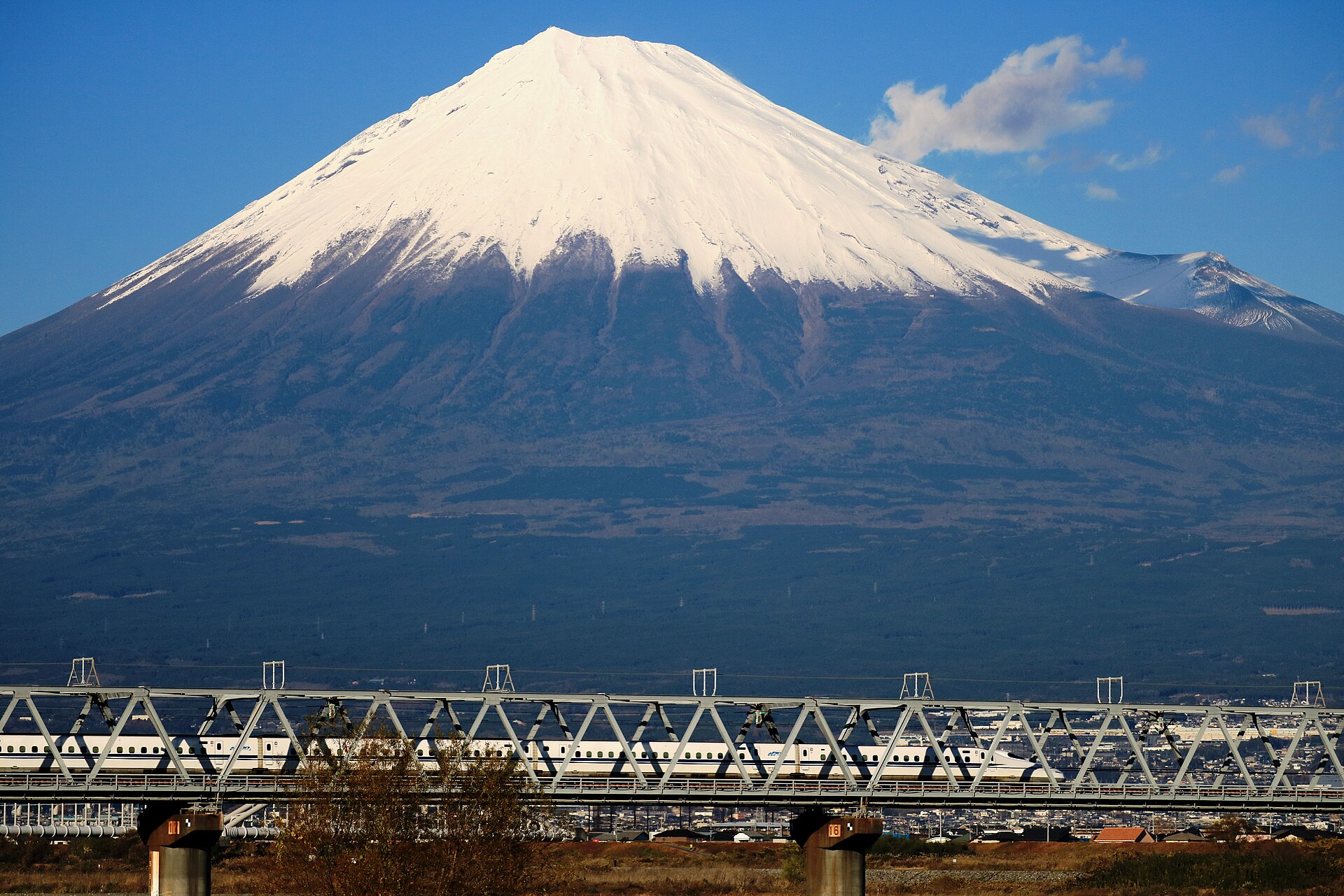 A white N700 series Shinkansen passing beneath snow-capped Mount Fuji on the Tokaido Shinkansen.