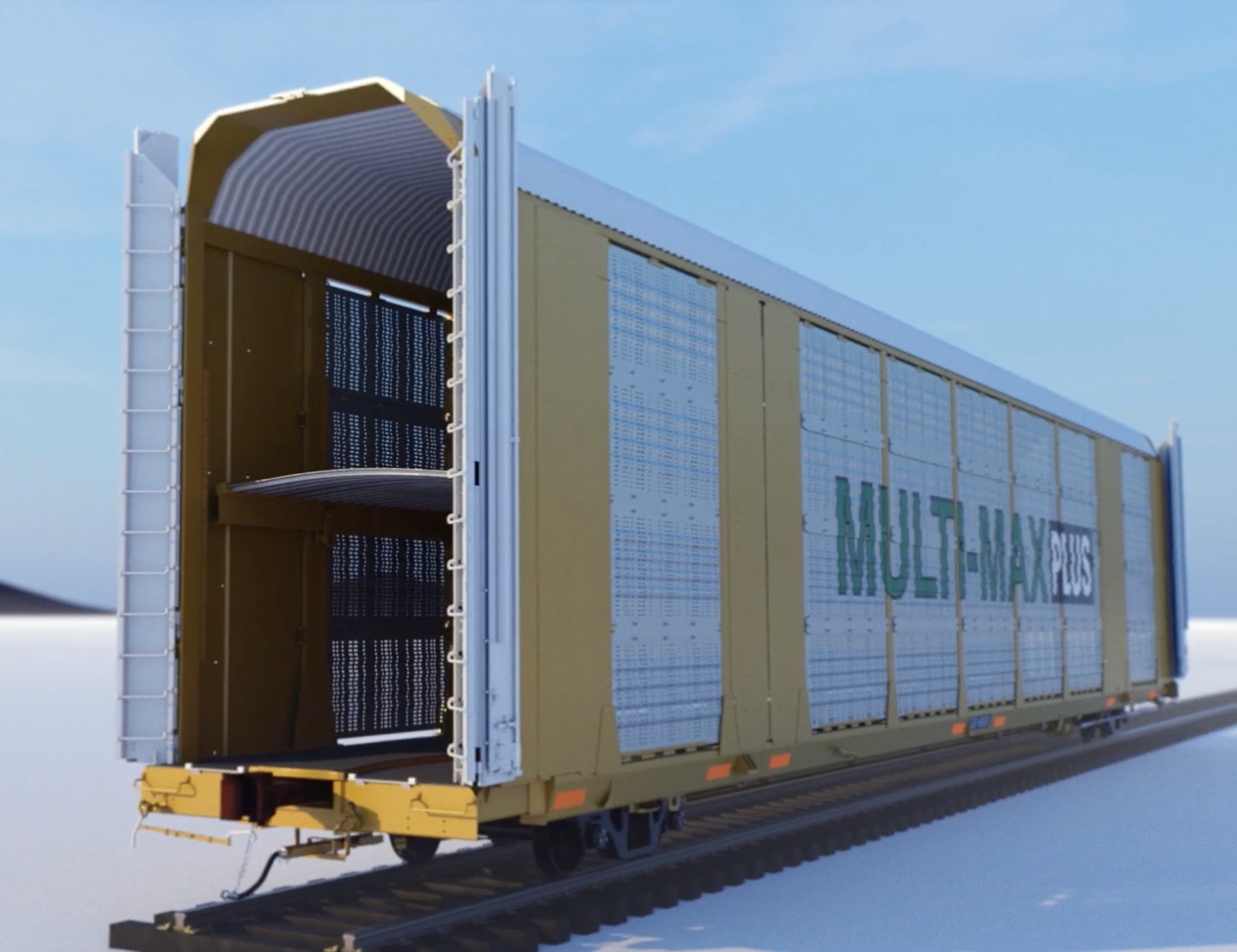 An open yellow and steel colored empty railcar built for automotive vehicles
